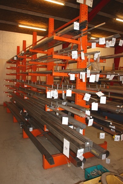 Double-sided cantilever racking, 6 branches on each side, containing: stainless steel tubes and tubular profiles, angles, flats, etc.