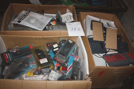 3 boxes cell phone accessories, telephones, etc.