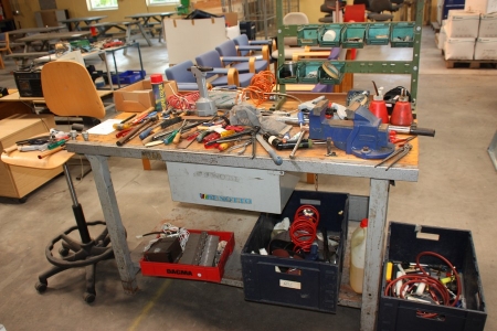 Work Bench, approx. 1500 x 800 mm with drawer and vice + chair + miscellaneous hand tools, etc.