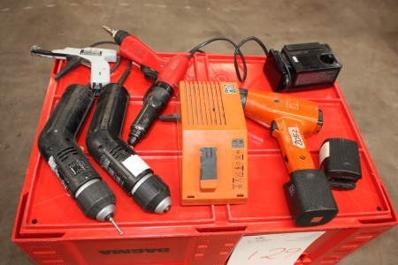 Box with assorted power screwing machines, air drills, aku-drill, Fein + plastic strip gun