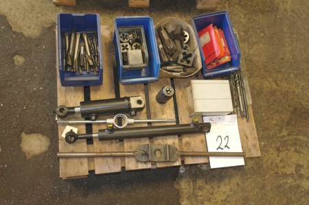 Pallet with various cutting tools + drill, etc.