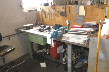 Work Bench 800 x 2000 mm with drawer + vice + content various hand tools, etc.