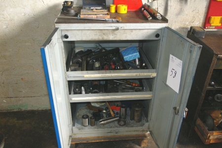 Cabinet with drawers + content. Lathe tool posts + cutting tools + drill, etc.