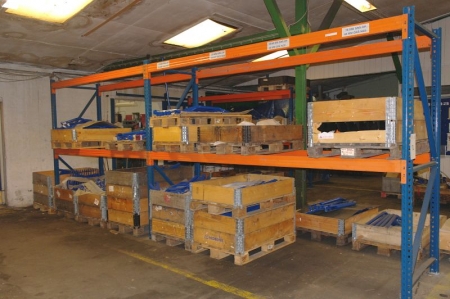 2 span pallet rack with 8 beams, 3 to 4 per pallet. shelf. Content included