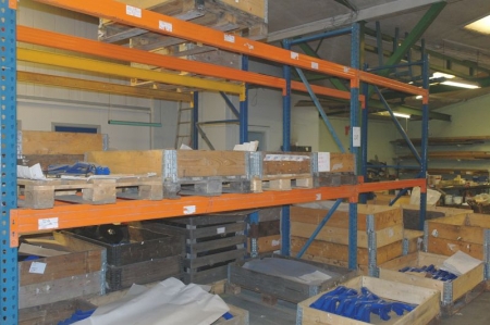 2 span pallet rack with 8 beams. 4 pallets per shelf + 2 pallets per shelf