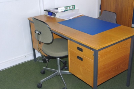Rest i rum minus faste installationer 3 skriveborde + 2 PC borde + 2 reoler + 3 skabe + 3 stole (Uden indhold)