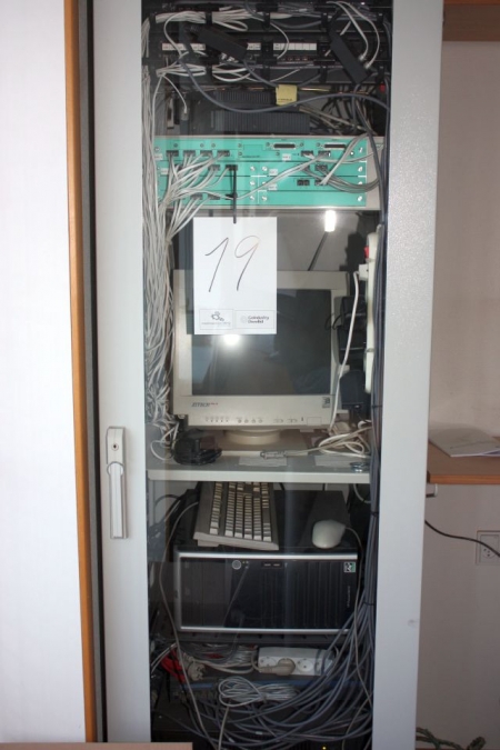Rack System with Server, HP ProLiant ML 115 + switch box, Siemens, wireless internet rounter + PABX + PBX, ca. 40 lines and phones.