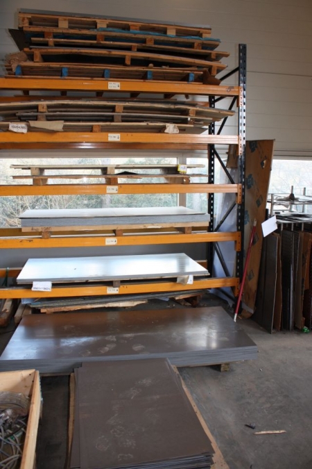 Various sheet iron in rack + rack with cutted sheet iron etc.