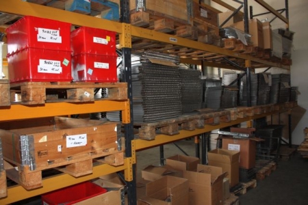 Various wire shelves, hangers for wire shelves, etc. in three sections pallet rack