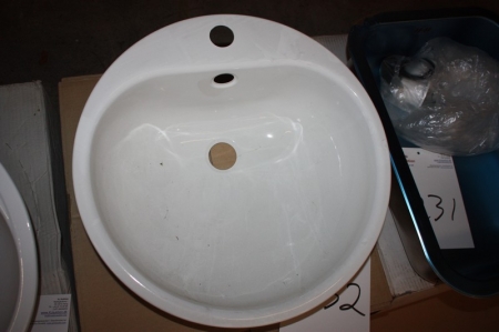 Håndvask, emaljeret stål, hvid, overløb og hanehul, ca. 460x460 mm