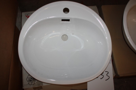 Håndvask, emaljeret stål, hvid, overløb og hanehul, ca. 510x460 mm