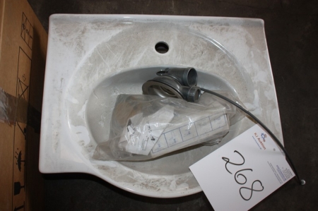Håndvask, keramisk, hvid, udvendig mål ca. 560x450 mm. Afløbsfittings