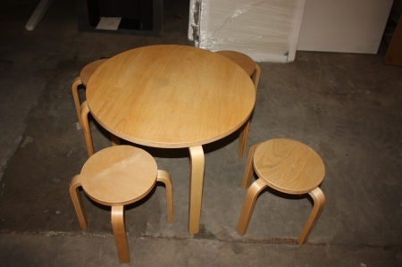 Round table + 4 stools, children's size. Unassembled. Archive photo