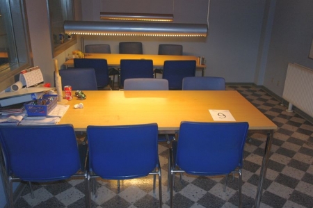 2 canteen tables with 12 chairs + Douwe Egberts coffee machine + electric kettle + various content of kitchen cabinets