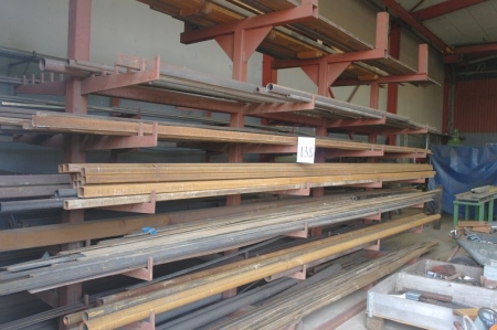 3 shelves containing various steel, bar steel + tubes + square tybes etc. racks included