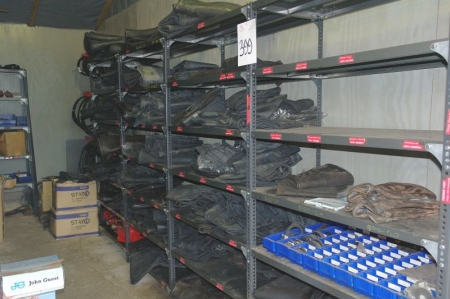 6 span steel rack containing various inner tubes for tires + belt + seals + welding glass + welding electrodes, etc.