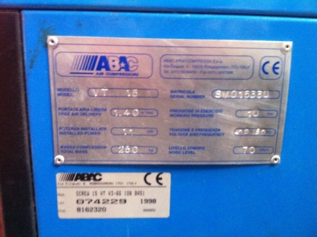 Screw Compressor, ABAC, type VT 15. 11 kW. Year 1998. Operational hours, 7047