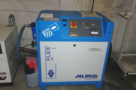 Air Compressor Almig Flex 15, year 2008, hours: 13778. Ingersoll rand RS dryer. Pressure tank 1000 liters last inspection in 2012