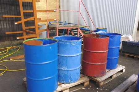 Various barrels + cantilever racking + pallets of miscellaneous.