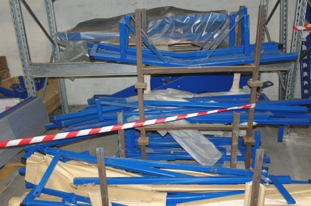 Contents in 4 span pallet racking misc. stands + pallets containing spare parts, etc.