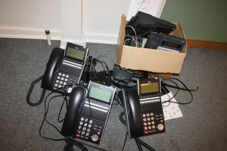 3 x NEC phones with 2 wireless headsets, Jabra + 3 phones Telenor + board with Denmark map