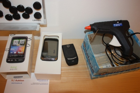 Mobile phone, HTC Desire + mobile phone, Q-tek (both without charger) + glue gun