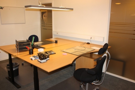 Powered height adjustable desk, Linak system + drawer + office + drive plate + office equipment + ceiling lamp