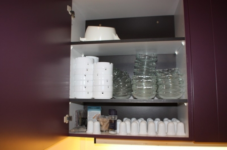Content in cupboards and cabinets with green doors (crockery, glasses, cutlery, etc.)