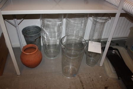 5 large glass jars / vases + various below one span steel racking