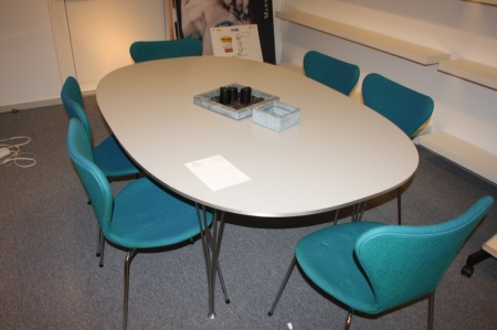 Udtræksbord, Fritz Hansen + 6 stole, Fritz Hansen, 7-er, blåt bolster