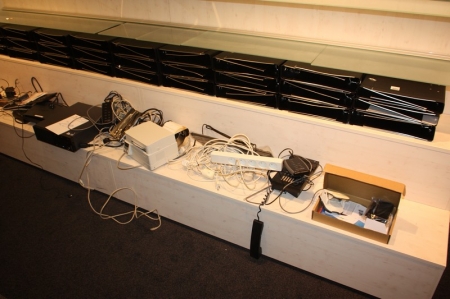 Various computer and telephone equipment, including PC, Lenovo ThinkCentre + inch binder