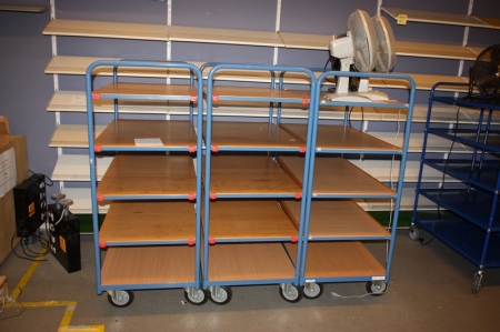 3 x material carts, á 5 shelves, 250 kg + 3 table fans
