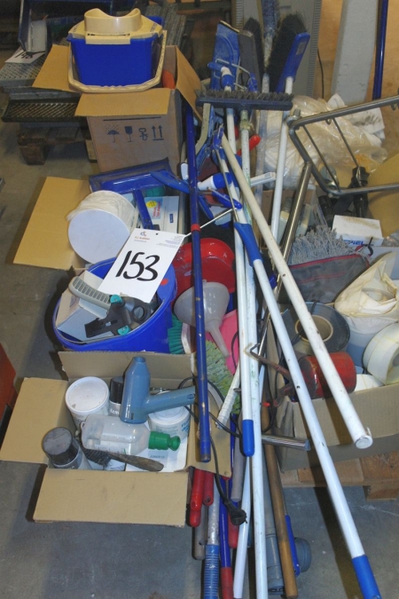 Pallet with cleaning supplies, brooms + buckets + paper etc.