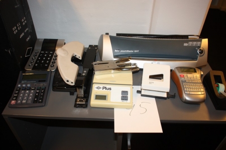 Various office materials, including Ibico PouchMaster 12VT, digital postal scale, etc.