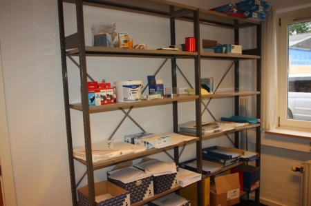Content in 2 span Steel Shelving: various office supplies