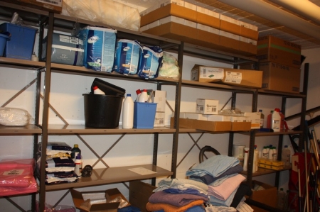 Contents in 4 subjects Steel Shelving: Various detergents, adult diapers, hand disinfectant wipes, scouring pads, etc.