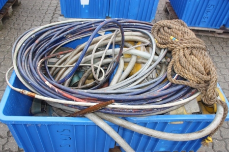 Pallet with 2 blue plastic boxes with air hoses, ropes, cargo straps with buckles, etc.
