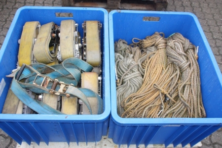 Pallet with 2 blue plastic boxes with ropes and cargo straps with buckles