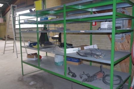 Steel Shelving with content. Various power tools