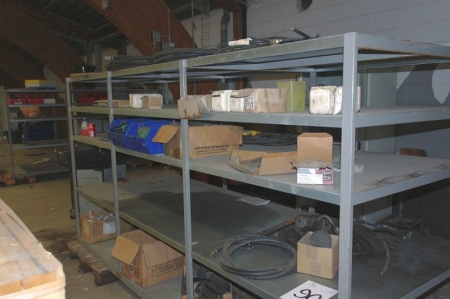 3 span steel rack with content. Hydraulic hoses + electric tool (condition unknown), etc.