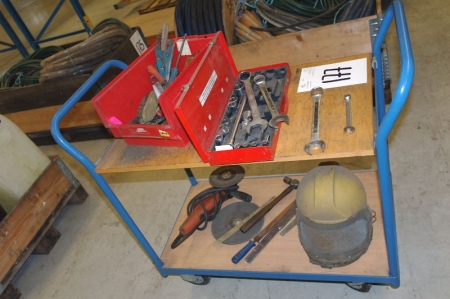 Trolley containing Miscellaneous hand tools + angle grinder etc.