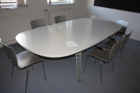 Oval meeting table + 8 gray shell chairs + 4 blue plastic chairs + Wall