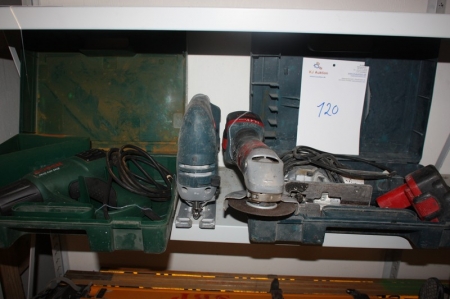 Cordless tools: Jigsaw, Bosch + angle grinder, Bosch + Power: (jigsaw and fan heater, Bosch)