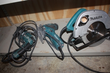 Power tools, Makita: Power drill + Jigsaw + manually fed circular sawing machine