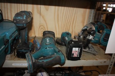 Cordless tools: 4 pcs. Makita (drill, reciprocating saw, angle grinder, hand saw + 2 Chargers, Makita
