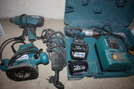 Cordless tools, Makita: drill with 2 batteries and charger + 3. power tools, Makita: gauge nibbler + router + heat gun