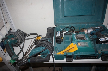 Cordless tools, Makita drill with two batteries and charger + power tools, Makita: drill + reciprocating saw