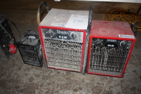 3 x fan heater, 9 kW + fan heater, 2kW