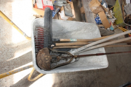 Wheelbarrow with brooms, tear, sewer cleaners, buckets, etc.