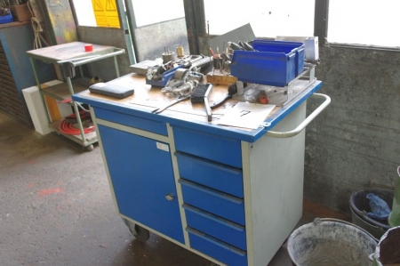 Workshop trolley, Blika, containing various drills + hand tools, etc.